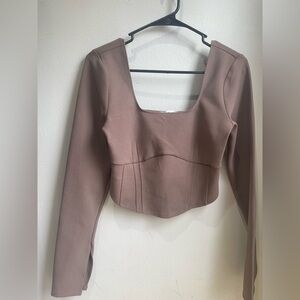 Abercrombie & Fitch Taupe Long Sleeve Square Neck Crop Top